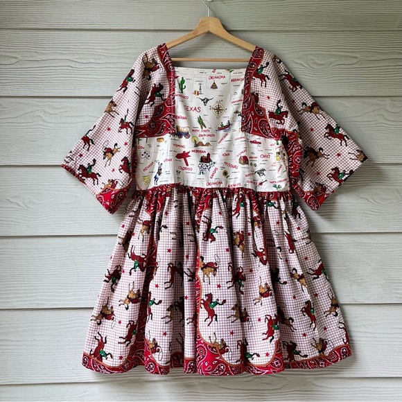 Western Rodeo | US Map | Handmade Bandana Dress SKU 05296 Red/Cowboy - Picture 3 of 16